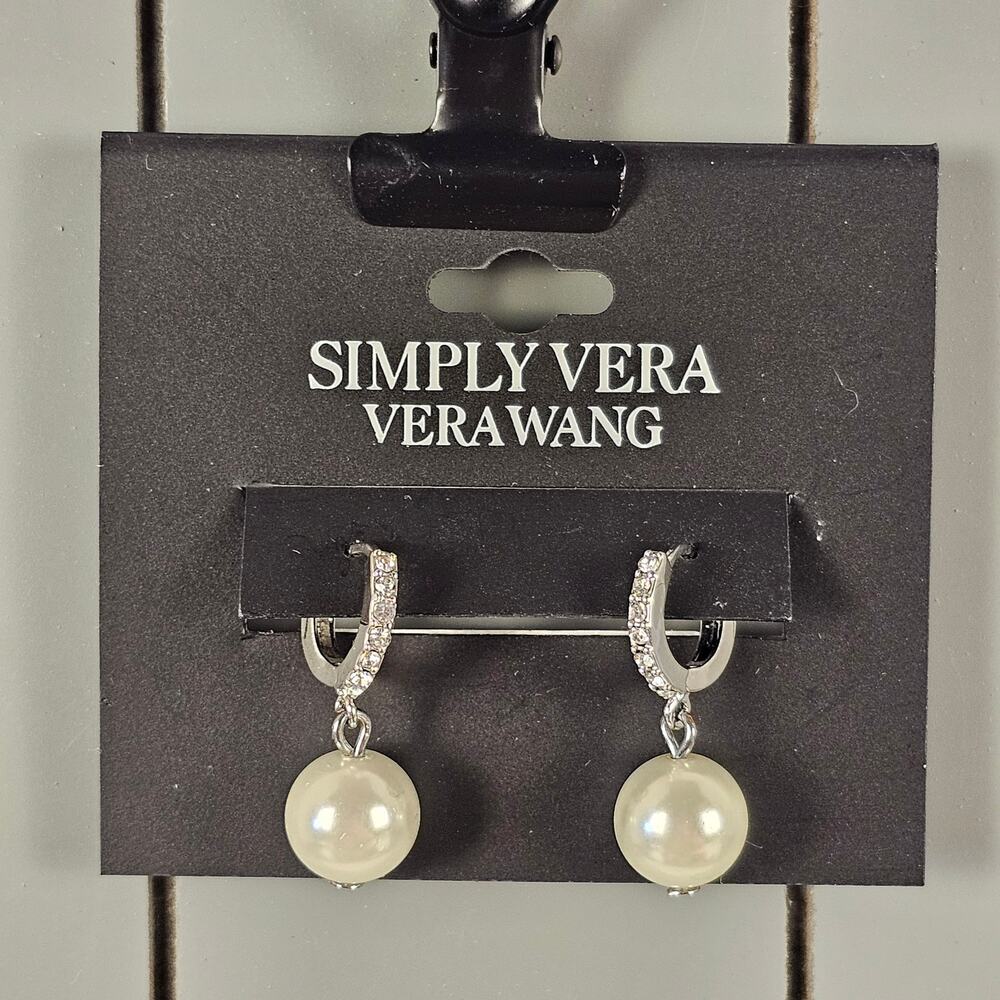 Simply Vera Vera Wang Faux Pearl Rhinestone Hoop Drop Earrings Silver Tone